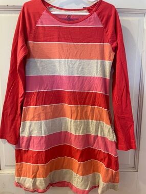 Lands' End Striped Long Sleeve A-Line Dress - Coral, Pink, Orange, Cream